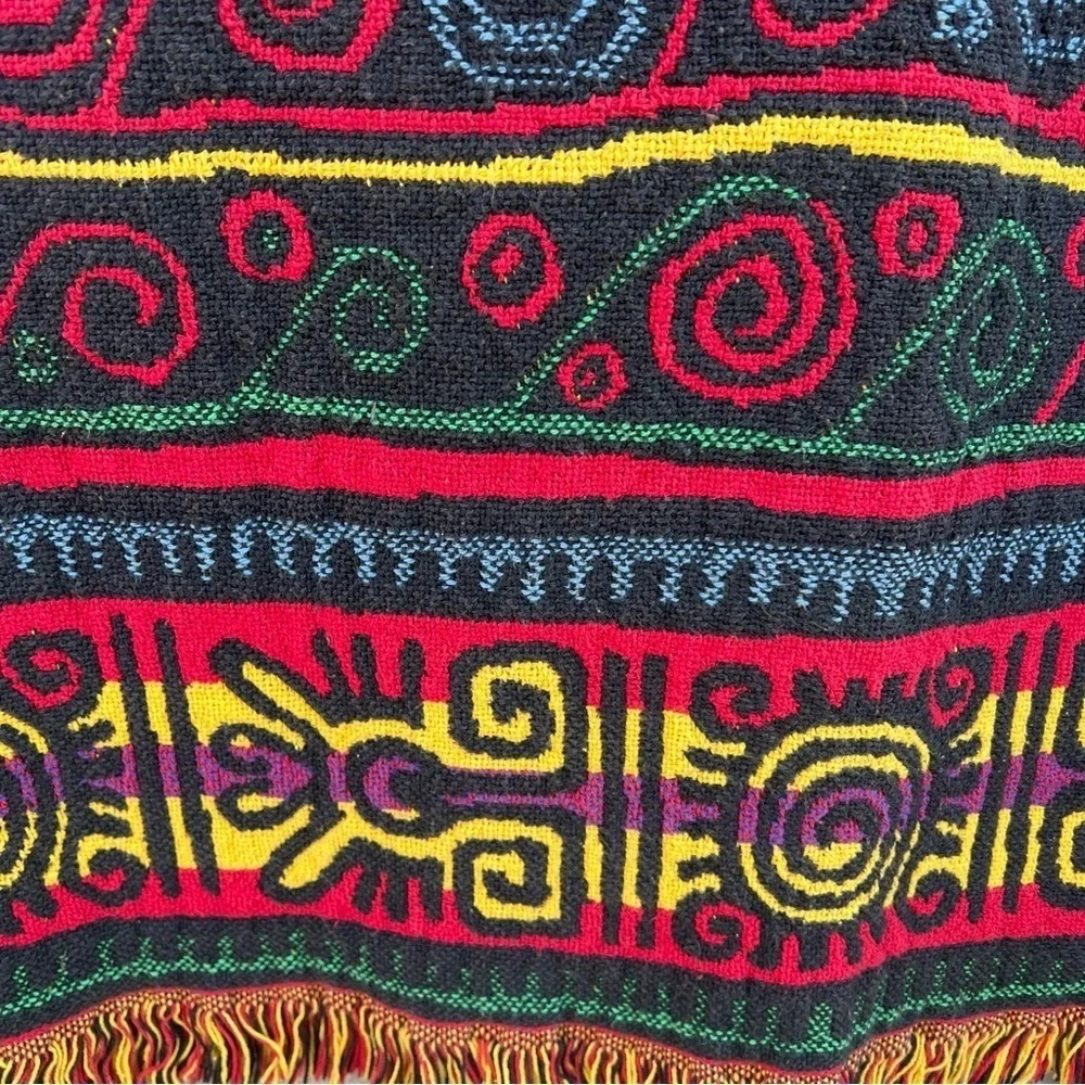 Mayan Aztec Native Woven Throw Fringed Bright Multicolor Tribal Design 49x72 GUC